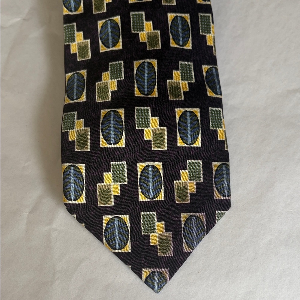 Inc Zinc Vintage Silk Geometric Leaf Tie Black Yellow Green